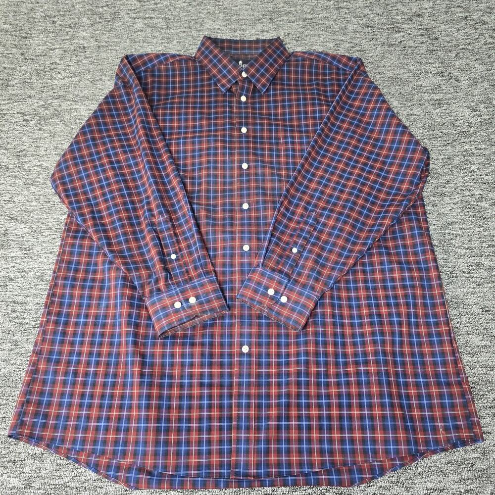 Stafford Travel Button Down Shirt Men's 18 34-35 Red Blue Plaid Preppy Pocket